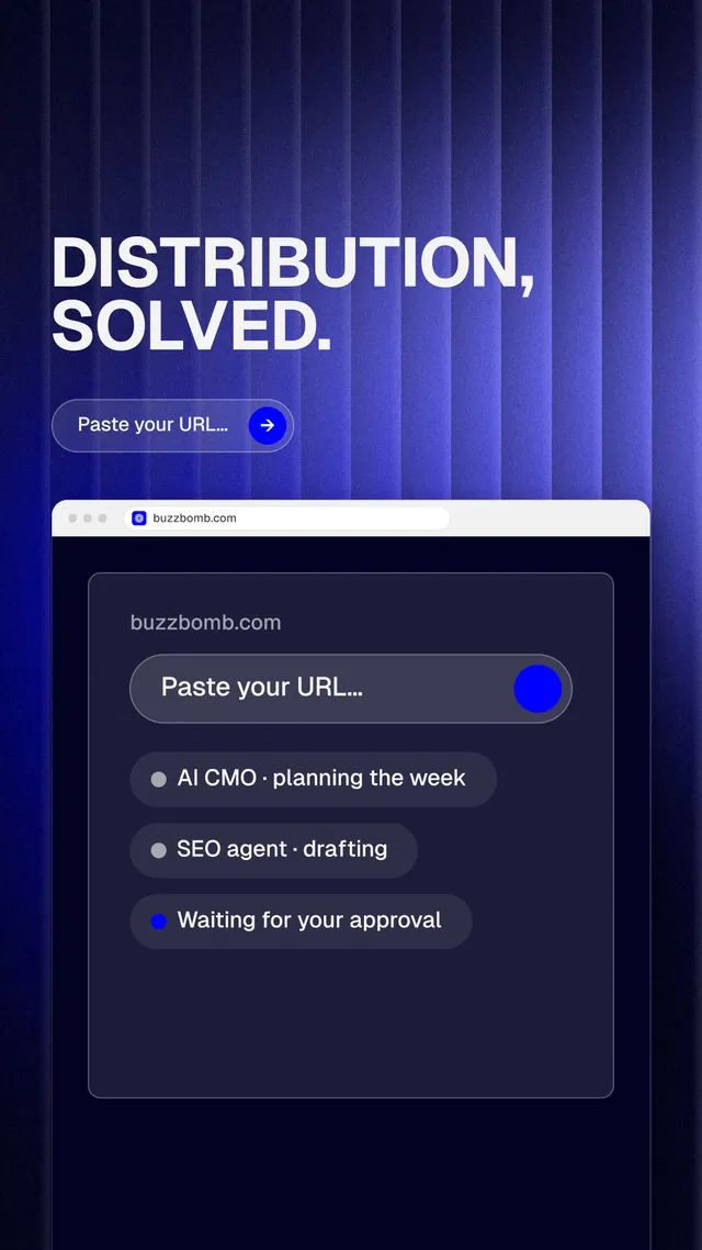Instagram story for BuzzBomb: "Distribution, solved." Agentic glass style, browser layout, dark palette in blue, black.