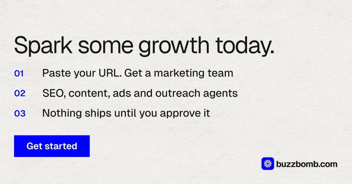 Social ad for BuzzBomb: "Spark some growth today." Swiss style, numbered layout, light palette in white, grey.