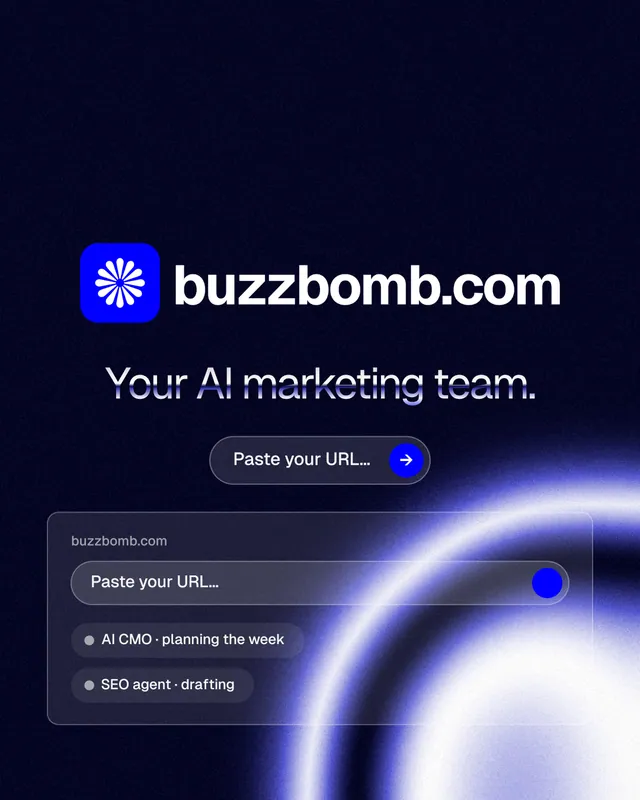 Instagram portrait post for BuzzBomb: "Your AI marketing team." Agentic glass style, logo hero layout, dark palette in black, blue.