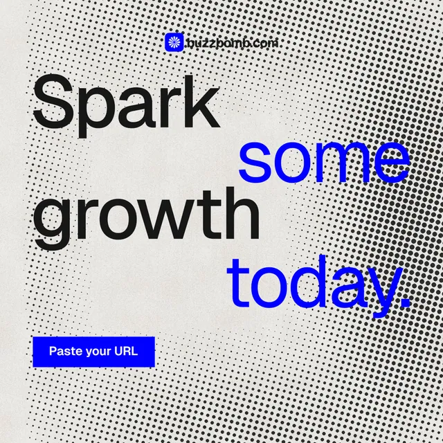 Instagram post for BuzzBomb: "Spark some growth today." Swiss style, stacked layout, light palette in grey, white, blue.