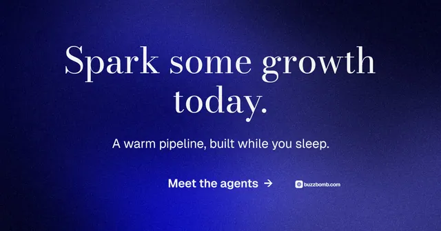 Social ad for BuzzBomb: "Spark some growth today." Minimal luxury style, centred layout, dark palette in blue.