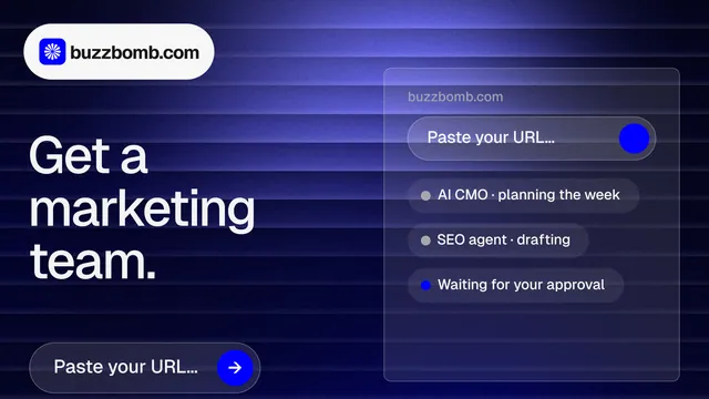 Landscape graphic for BuzzBomb: "Get a marketing team." Agentic glass style, bottom layout, dark palette in black, blue.