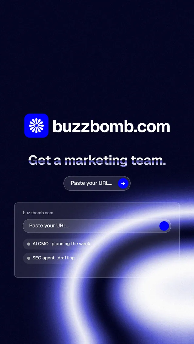 Instagram story for BuzzBomb: "Get a marketing team." Agentic glass style, logo hero layout, dark palette in black, blue.