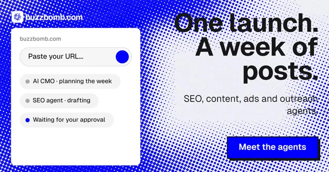 Social ad for BuzzBomb: "One launch. A week of posts." Brutalist style, right layout, light palette in white, blue.