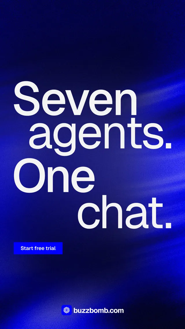 Instagram story for BuzzBomb: "Seven agents. One chat." Swiss style, stacked layout, dark palette in blue.
