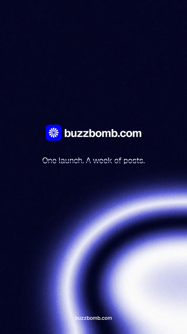 Instagram story for BuzzBomb: "One launch. A week of posts." Agentic glass style, end card layout, dark palette in black, blue.
