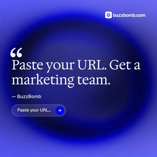 Instagram post for BuzzBomb: "Paste your URL." Agentic glass style, quote layout, dark palette in blue.