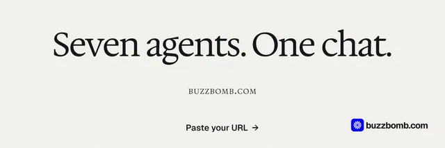 X header for BuzzBomb: "Seven agents. One chat." Swiss style, smallcaps layout, light palette in white, grey.