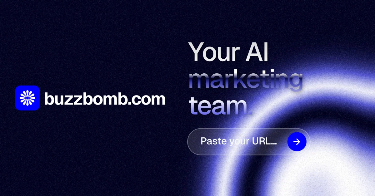 Social ad for BuzzBomb: "Your AI marketing team." Agentic glass style, logo hero layout, dark palette in black, blue.