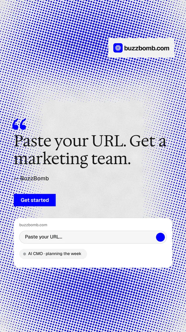 Instagram story for BuzzBomb: "Get a marketing team." Swiss style, quote layout, light palette in white, blue.