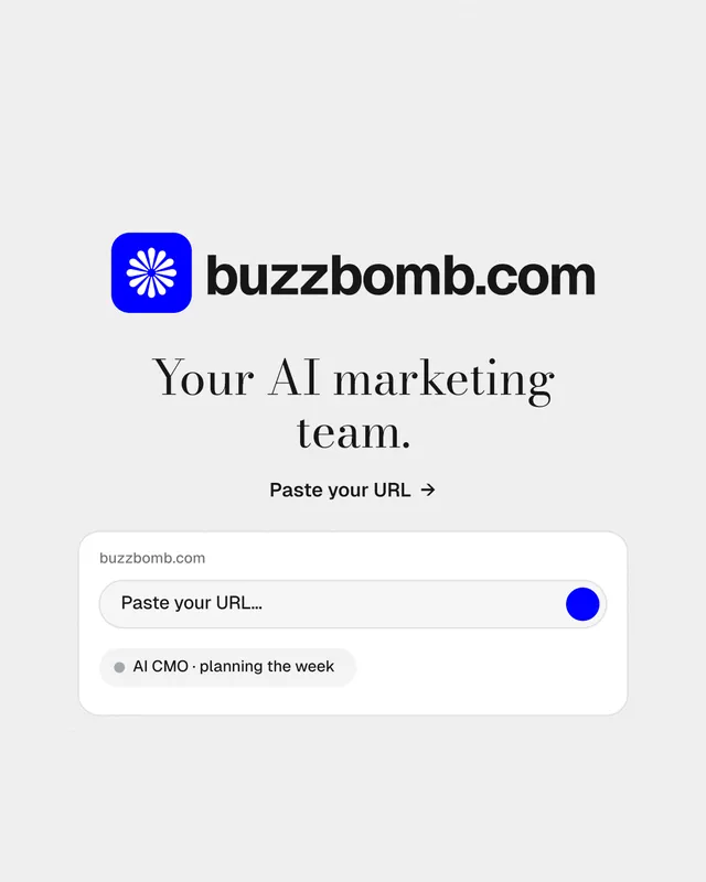 Instagram portrait post for BuzzBomb: "Your AI marketing team." Minimal luxury style, logo hero layout, light palette in white, grey.