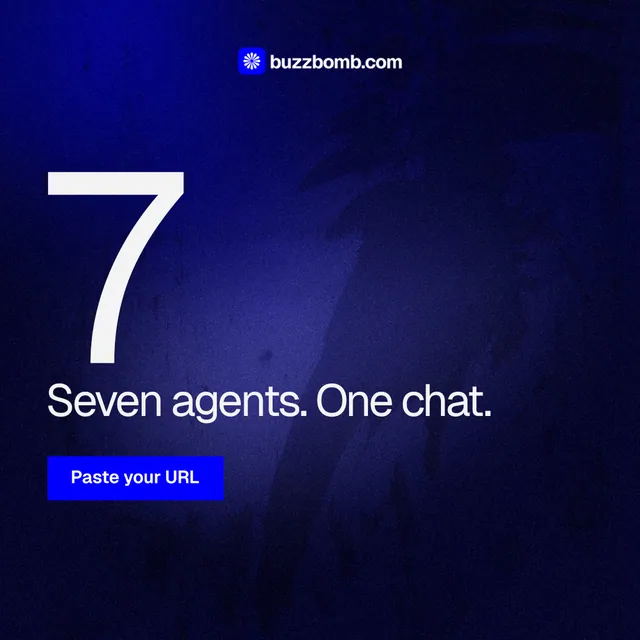 Instagram post for BuzzBomb: "Paste your URL." Swiss style, stat layout, dark palette in black, blue.