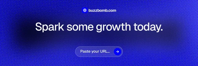 X header for BuzzBomb: "Spark some growth today." Agentic glass style, centred layout, dark palette in blue.