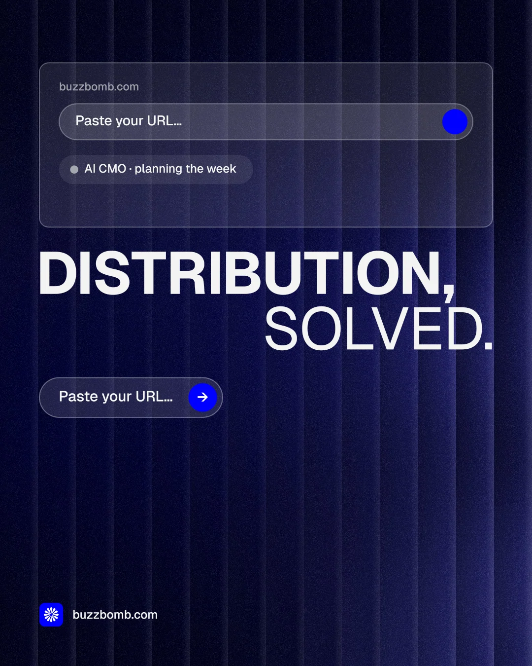 Instagram portrait post for BuzzBomb: "Distribution, solved." Agentic glass style, stacked layout, dark palette in black, blue, grey.