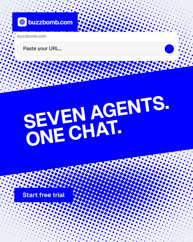 Instagram portrait post for BuzzBomb: "Seven agents. One chat." Swiss style, diagonal layout, light palette in blue, white.