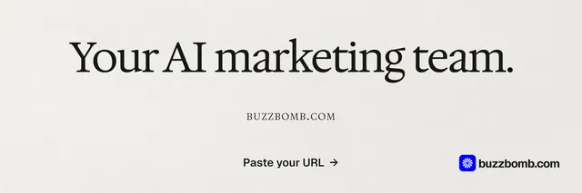 X header for BuzzBomb: "Your AI marketing team." Swiss style, smallcaps layout, light palette in white, grey.
