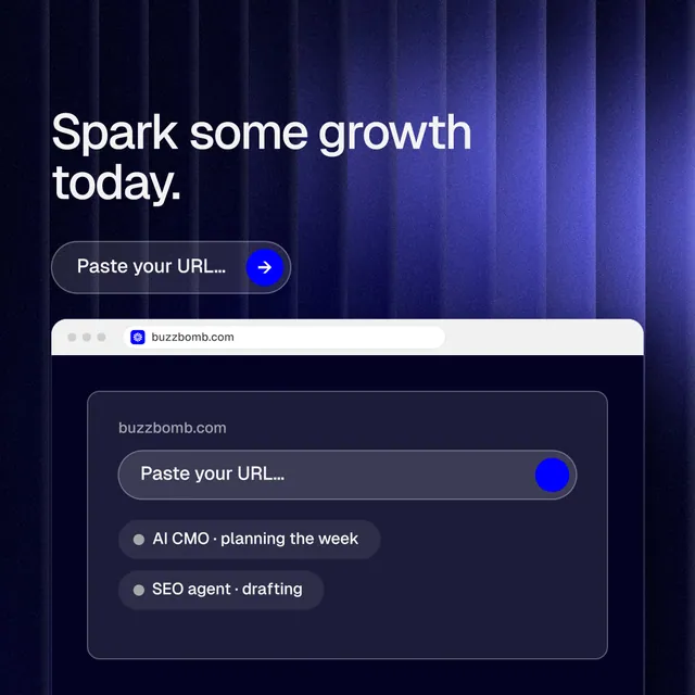 Instagram post for BuzzBomb: "Spark some growth today." Agentic glass style, browser layout, dark palette in blue, black.