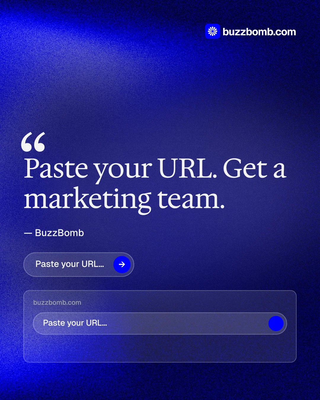 Instagram portrait post for BuzzBomb: "Your AI marketing team." Agentic glass style, quote layout, dark palette in blue.