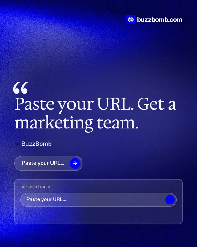 Instagram portrait post for BuzzBomb: "Your AI marketing team." Agentic glass style, quote layout, dark palette in blue.