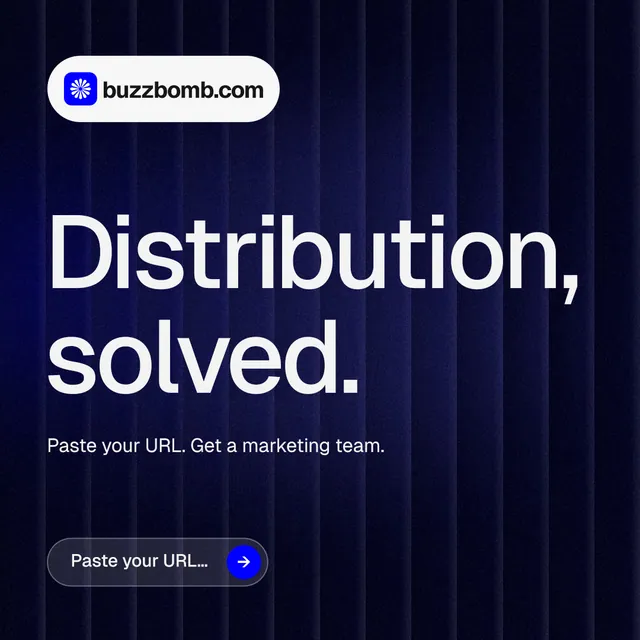Instagram post for BuzzBomb: "Distribution, solved." Agentic glass style, announce layout, dark palette in black, blue, grey.