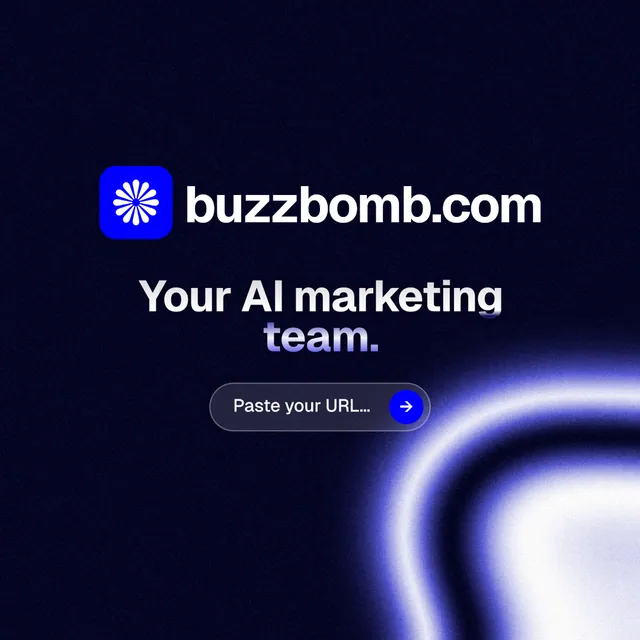 Instagram post for BuzzBomb: "Your AI marketing team." Agentic glass style, logo hero layout, dark palette in black, blue.