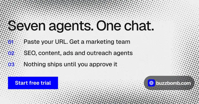 Social ad for BuzzBomb: "Seven agents. One chat." Swiss style, numbered layout, light palette in grey, white.