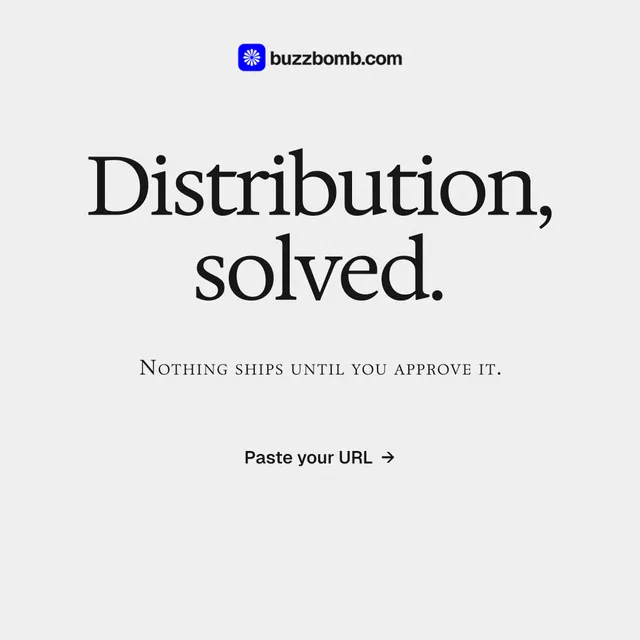 Instagram post for BuzzBomb: "Distribution, solved." Swiss style, smallcaps layout, light palette in white, grey.