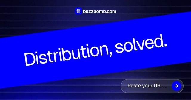 Social ad for BuzzBomb: "Distribution, solved." Agentic glass style, diagonal layout, dark palette in blue.