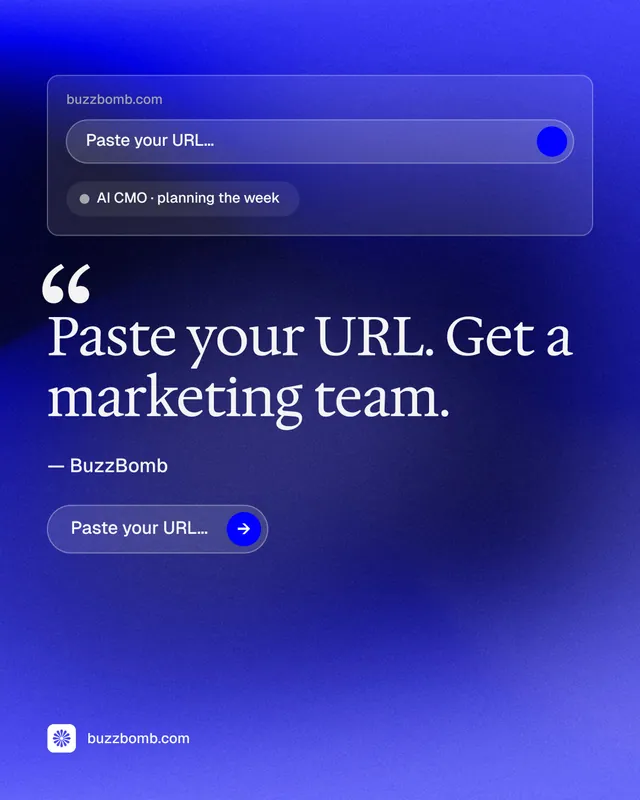 Instagram portrait post for BuzzBomb: "Distribution, solved." Agentic glass style, quote layout, dark palette in blue.