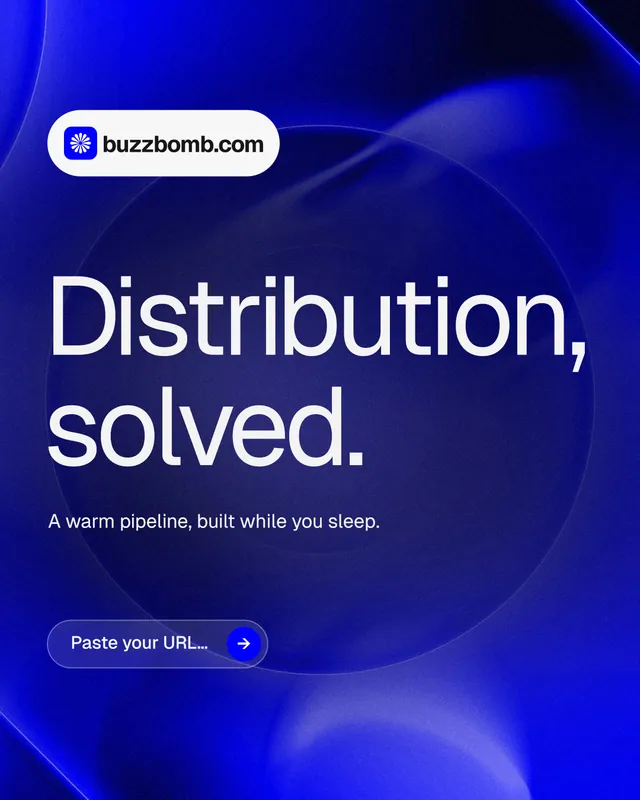 Instagram portrait post for BuzzBomb: "Distribution, solved." Agentic glass style, announce layout, dark palette in blue.