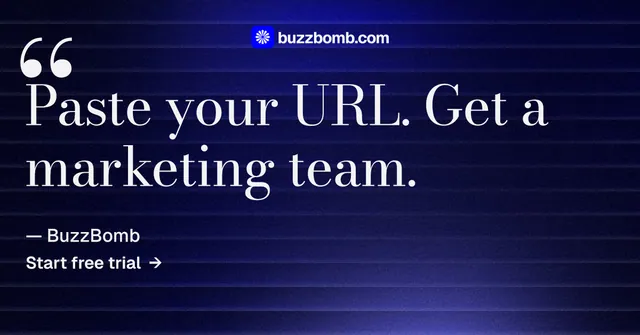 Social ad for BuzzBomb: "Distribution, solved." Minimal luxury style, quote layout, dark palette in black, blue, grey.