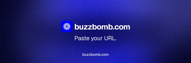 X header for BuzzBomb: "Paste your URL." Swiss style, end card layout, dark palette in blue.