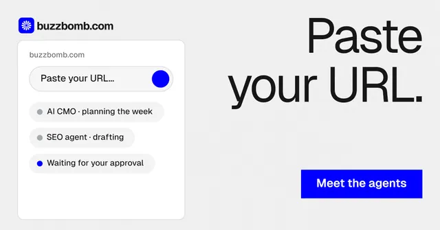 Social ad for BuzzBomb: "Paste your URL." Swiss style, right layout, light palette in white, blue.