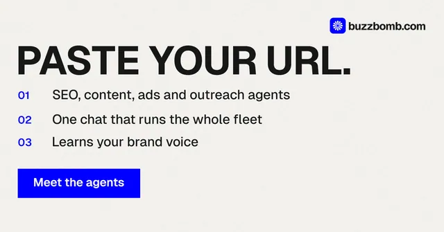 Social ad for BuzzBomb: "Paste your URL." Swiss style, numbered layout, light palette in white, blue.