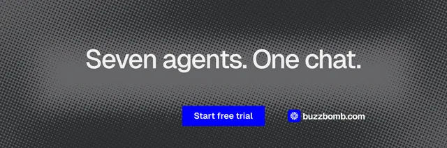 X header for BuzzBomb: "Seven agents. One chat." Split block style, centred layout, dark palette in grey, blue.