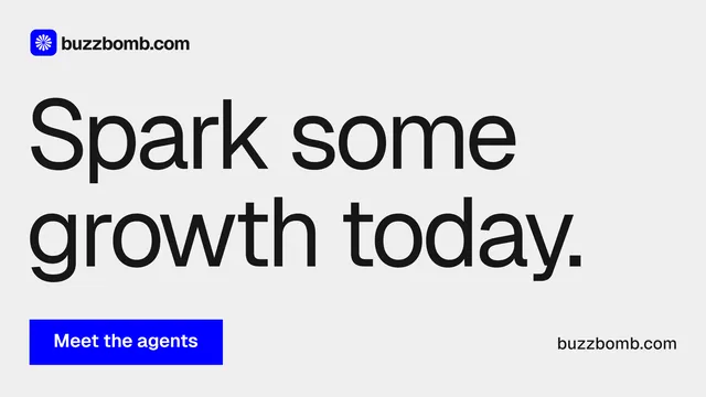 Landscape graphic for BuzzBomb: "Spark some growth today." Swiss style, poster layout, light palette in white, grey.