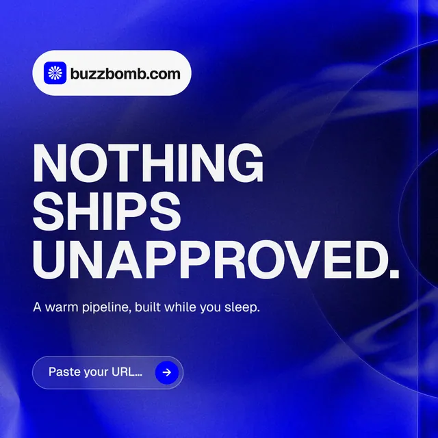 Instagram post for BuzzBomb: "Nothing ships unapproved." Agentic glass style, announce layout, dark palette in blue.