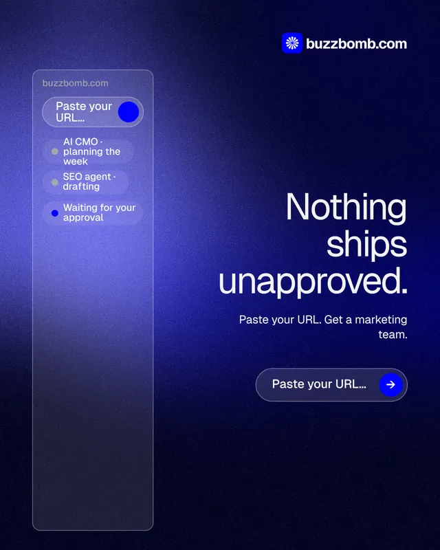 Instagram portrait post for BuzzBomb: "Nothing ships unapproved." Agentic glass style, right layout, dark palette in blue, black.