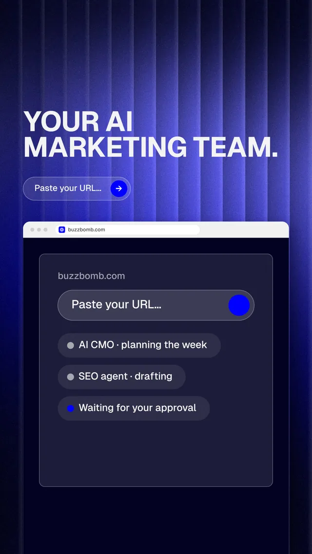 Instagram story for BuzzBomb: "Your AI marketing team." Agentic glass style, browser layout, dark palette in blue, black.