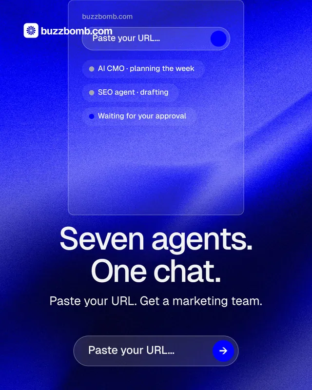 Instagram portrait post for BuzzBomb: "Seven agents. One chat." Agentic glass style, skeleton layout, dark palette in blue.