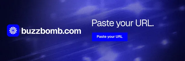 X header for BuzzBomb: "Paste your URL." Swiss style, logo hero layout, dark palette in blue.