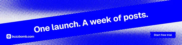 LinkedIn banner for BuzzBomb: "One launch. A week of posts." Split block style, diagonal layout, dark palette in blue.