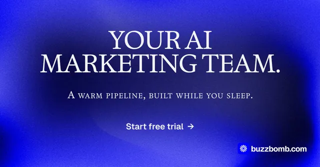 Social ad for BuzzBomb: "Your AI marketing team." Agentic glass style, smallcaps layout, dark palette in blue.