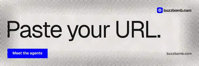 X header for BuzzBomb: "Paste your URL." Swiss style, poster layout, light palette in grey, white.