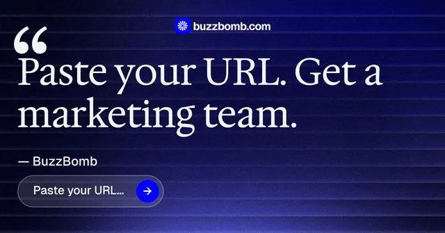 Social ad for BuzzBomb: "Paste your URL." Agentic glass style, quote layout, dark palette in blue, black.
