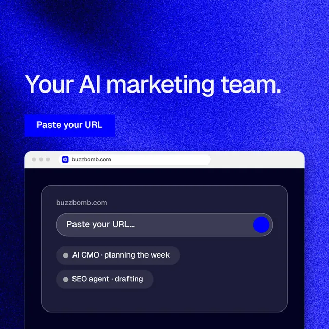 Instagram post for BuzzBomb: "Your AI marketing team." Swiss style, browser layout, dark palette in black, blue.