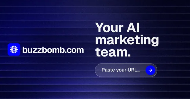 Social ad for BuzzBomb: "Your AI marketing team." Agentic glass style, logo hero layout, dark palette in black, blue, grey.