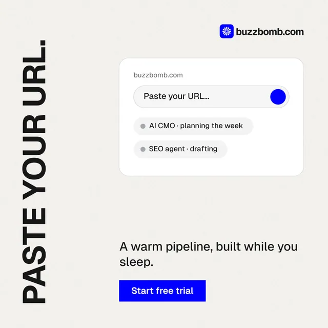 Instagram post for BuzzBomb: "Paste your URL." Swiss style, vertical layout, light palette in white.