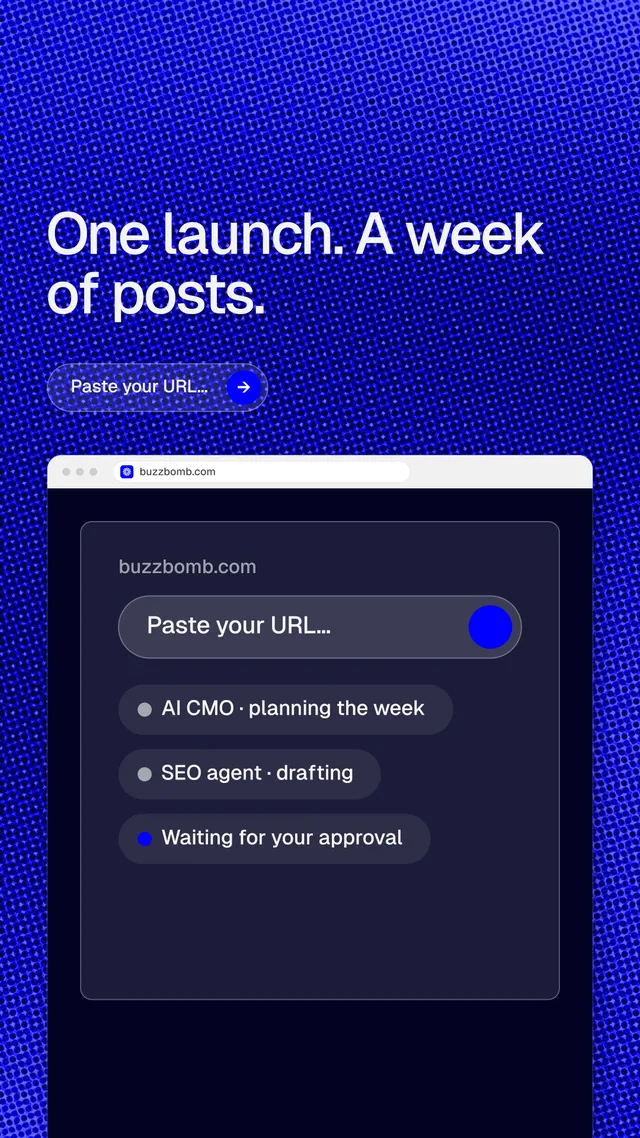 Instagram story for BuzzBomb: "One launch. A week of posts." Agentic glass style, browser layout, dark palette in blue, grey.