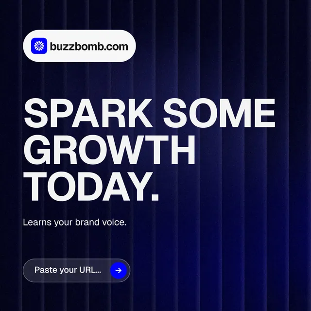 Instagram post for BuzzBomb: "Spark some growth today." Agentic glass style, announce layout, dark palette in black, blue, grey.